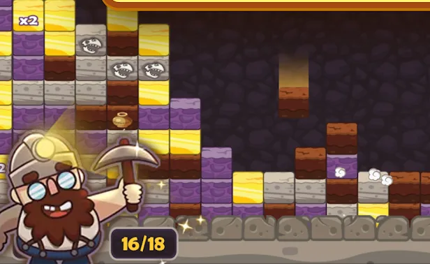 Spielszene aus Gold Mine - Match 3 mit gestapelten Steinblöcken im Stollen und einem Bergmann mit Spitzhacke