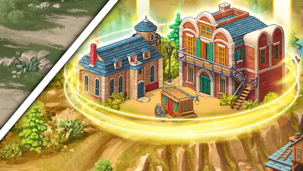 Spielszene aus Jewels of the Wild West・Match3 mit dem wieder aufgebauten Städtchen aus Laden und Hotel
