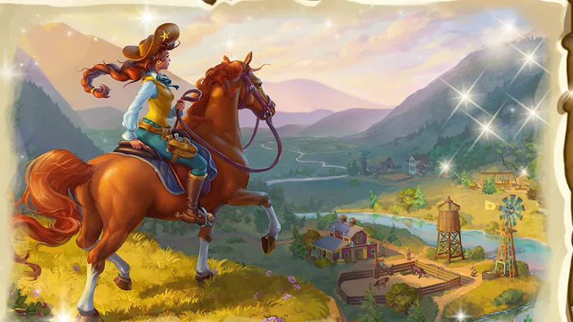 Spielszene aus Jewels of the Wild West・Match3 mit einer Reiterin auf einem Hügel über dem Tal der Siedlung