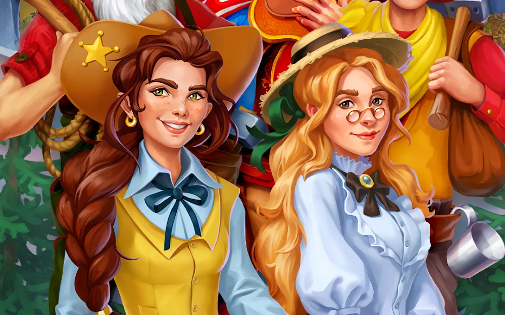 Figurenbild aus Jewels of the Wild West・Match3 mit Siedlerinnen und Siedlern in Strohhüten