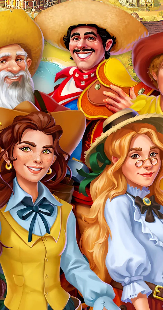 Figurenbild aus Jewels of the Wild West・Match3 mit Siedlerinnen und Siedlern in Strohhüten vor dem Städtchen