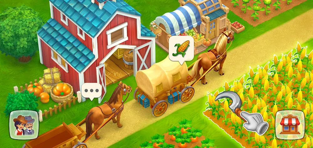 Spielszene aus Wild West: Farm Town Simulator mit roter Scheune, Planwagen vor zwei Pferden und Maisfeld