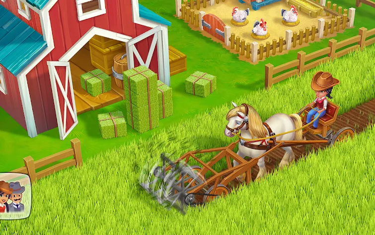 Spielszene aus Wild West: Farm Town Simulator mit roter Scheune und einem Pferdegespann vor dem Pflug