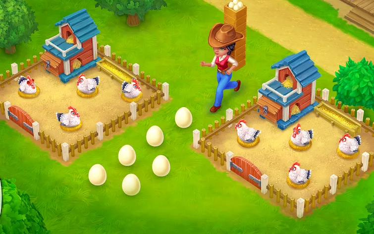 Hofszene aus Wild West: Farm Town Simulator mit einer Siedlerin im Cowboyhut zwischen den Ställen